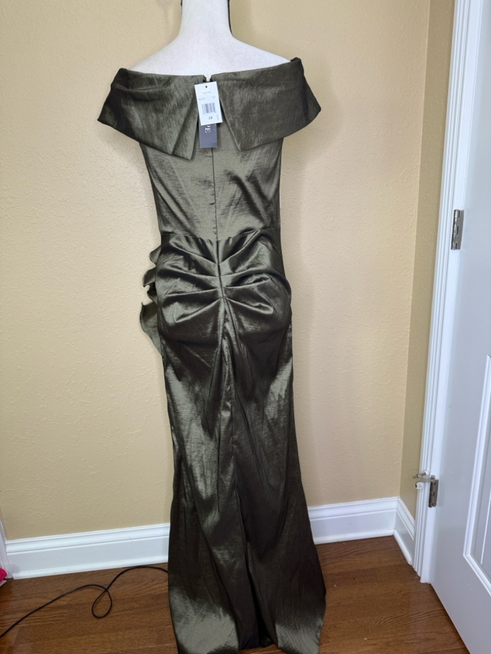 Xscape Olive Green Off-Shoulder Ruffled Satin Gown - Picture 8 of 14